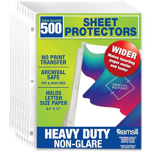 Samsill 500 Pack Heavy Duty Sheet Protectors, Non-Glare, 8.5x11 Inch Page Protectors for 3 Ring Binder, Letter Size Protectors, Reinforced Holes, Non-Glare Document Sleeve, Acid Free, Top Loading - size: 500 Pack, style: Non-Glare