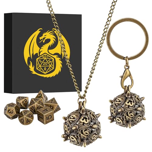 Mini DND Dice Set with D20 Spike Metal Cage Portable Keychain Necklace, Tiny 7pcs Polyhedral D&D Dice Set, DND Gifts with Gift Box, D&D Accessories for RPG, Bronze - color: Bronze