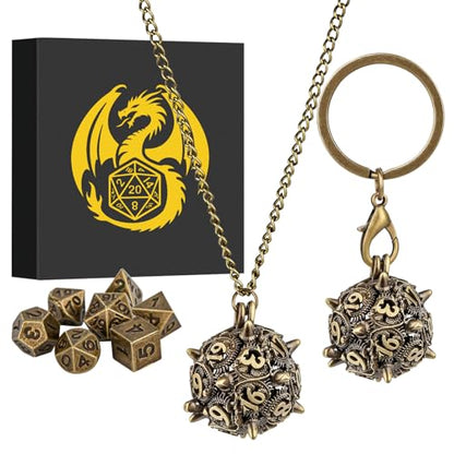 Mini DND Dice Set with D20 Spike Metal Cage Portable Keychain Necklace, Tiny 7pcs Polyhedral D&D Dice Set, DND Gifts with Gift Box, D&D Accessories for RPG, Bronze - color: Bronze