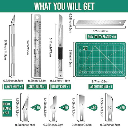 DIYSELF 250 PCS Exacto Knife Set Precision Knife with A5 Cutting Mat, Green | Craft knife, hobby knife set for crafts, modeling and scrapbooking with versatile replacement blades