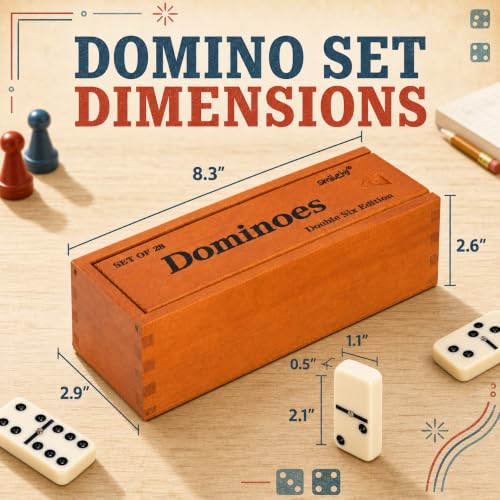 Smilejoy Jumbo Dominoes Set for Adults, Double 6 Domino with Wooden Box | 28 Jumbo Retro Ivory tiles, Prime wood Box, Metal Spinner,recessed mark, for 2-4 players, Board Game,Festival Gift choice - size: Jumbo Size