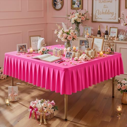 Hot Pink Square Tablecloths - 54x54 Inch Stretchy Fitted Card Table Covers | with Ruffle Pleated Table Skirt, Wrinkle-Free Spandex Mahjong Table Cover, for Dining, Kitchen, Patio, Banquet & Party Decor - color: Hot Pink, size: 54" x 54" (Square-1 Pack)