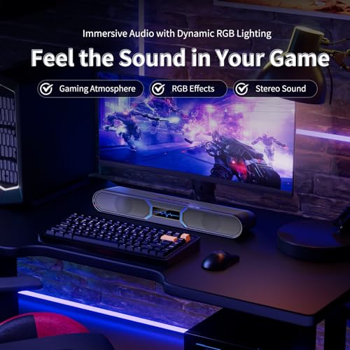 Computer Speakers for Desktop PC, Bluetooth PC Soundbar with Dual Bass Reflex for Monitor, USB Powered RGB Gaming Speakers with USB Wired Input, Stereo Sound for Laptop, Tablet and Desktop Setup