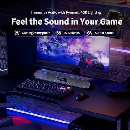 Computer Speakers for Desktop PC, Bluetooth PC Soundbar with Dual Bass Reflex for Monitor, USB Powered RGB Gaming Speakers with USB Wired Input, Stereo Sound for Laptop, Tablet and Desktop Setup