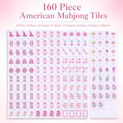 160-Piece Pink Chinoiserie American Mahjong Tile Set for Beginners | 1.2 × 0.9 × 0.5 in, Melamine Tiles with Dice, Engraved Easy-Read Tiles, Game Nights, Storage Bag & Accessories, No Racks