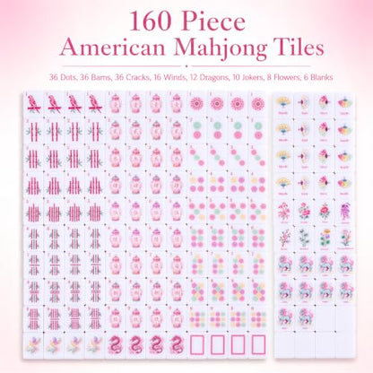 160-Piece Pink Chinoiserie American Mahjong Tile Set for Beginners | 1.2 × 0.9 × 0.5 in, Melamine Tiles with Dice, Engraved Easy-Read Tiles, Game Nights, Storage Bag & Accessories, No Racks