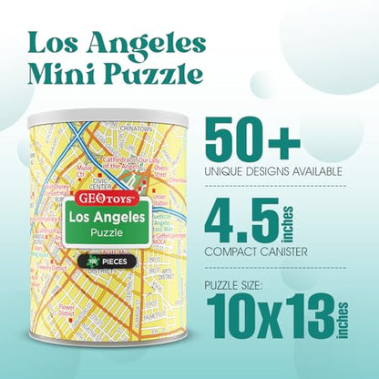 Geotoys Los Angeles Mini City Puzzle - 100 Piece Puzzles for Kids and Adults in Portable Can, 13" x 10" Educational Travel Puzzle for Ages 7 and Up - Mini Puzzles to Learn & Explore Geography - style: Los Angeles