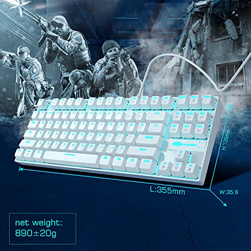 MageGee Mechanical Gaming Keyboard with Blue Switch, Compact 87 Keys Wired Computer Keyboard for Windows Laptop PC Gamer, LED Ice Blue Backlit, White - color: White/Blue Switch