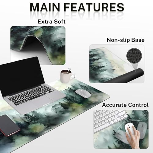Britimes Green Ink Style Mountain Forest Keyboard Mouse Pad Set 4in1 Large Mousepad+Keyboard Wrist Rest+Mouse Wrist Rest+Coaster Set with Ergonomic Design for Home Office Computer 35.4x15.7 inches - color: Ink Style Mountain Forest