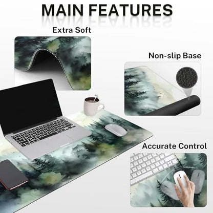 Britimes Green Ink Style Mountain Forest Keyboard Mouse Pad Set 4in1 Large Mousepad+Keyboard Wrist Rest+Mouse Wrist Rest+Coaster Set with Ergonomic Design for Home Office Computer 35.4x15.7 inches - color: Ink Style Mountain Forest