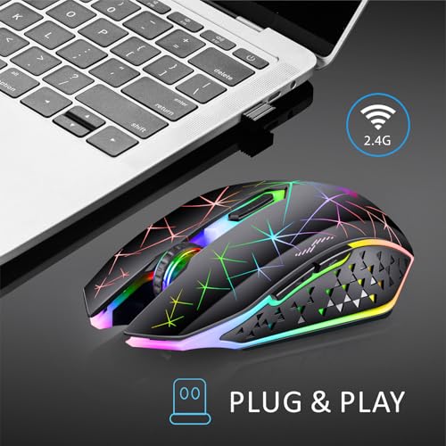 TENMOS V7 Wireless Gaming Mouse,Rechargeable LED Wireless Mice Silent-Black | 2.4GHz Optical, Quiet Click, Rainbow LED Light, Nano Receiver, 2400DPI, Ergonomic, Side Button, Cordless,for Laptop/PC/Mac