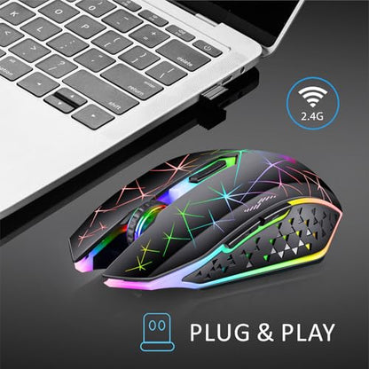 TENMOS V7 Wireless Gaming Mouse,Rechargeable LED Wireless Mice Silent-Black | 2.4GHz Optical, Quiet Click, Rainbow LED Light, Nano Receiver, 2400DPI, Ergonomic, Side Button, Cordless,for Laptop/PC/Mac