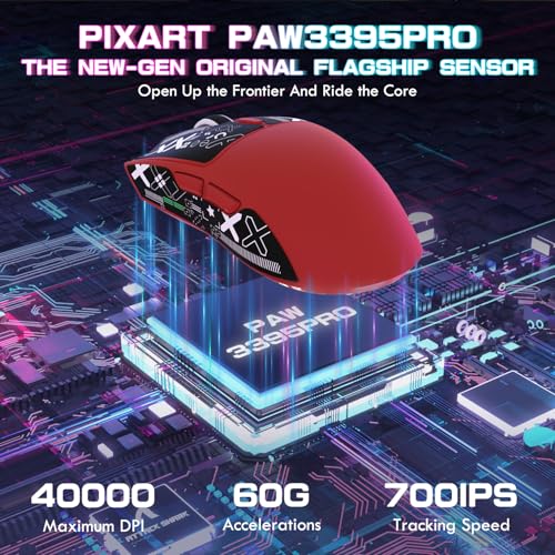 ATTACK SHARK X1 Ultralight Tri Mode Wireless 40000 DPI Gaming Mouse-Red | Magnetic RGB Charging Dock,Anti Slip Grip Tape,PixArt PAW3395 Pro Optical Sensor,BT/2.4Ghz/Wired,Driver for PC Win Mac Gamer - color: Red+Grip Tape
