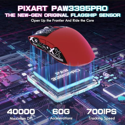 ATTACK SHARK X1 Ultralight Tri Mode Wireless 40000 DPI Gaming Mouse-Red | Magnetic RGB Charging Dock,Anti Slip Grip Tape,PixArt PAW3395 Pro Optical Sensor,BT/2.4Ghz/Wired,Driver for PC Win Mac Gamer - color: Red+Grip Tape