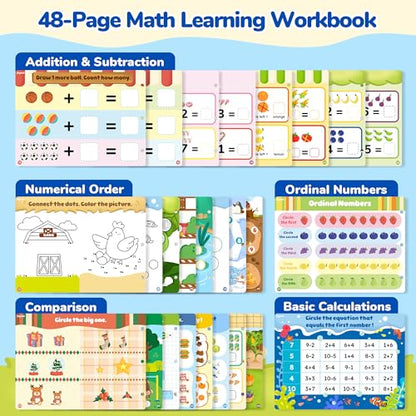 JoyCat Math Busy Book for Toddlers Reusable Preschool Workbook for Ages 3–8 | with 10 Dry-Erase Markers, Number Tracing & Counting Activity Book for Kids, Kindergarten Learning Activities, Travel-Ready - style: 5. Math