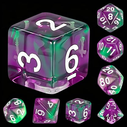 QMAY DND Dice Set -D&D Polyhedral Dice (7 Pcs) for Dungeons and Dragons (Purple Green Transparent) - color: Purple Green Transparent