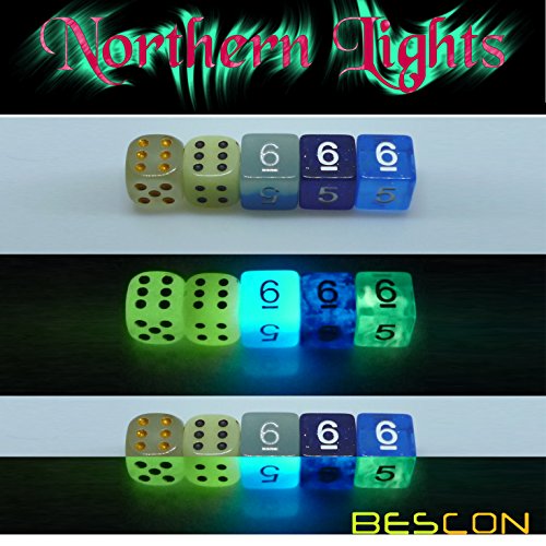 Bescon Super Glow in the Dark Nebula Glitter Polyhedral Dice Set Northern Light, Luminous RPG Dice Set,Glowing Novelty DND Game Dice Set, Novelty DND Game Dice d4 d6 d8 d10 d12 d20 d% in Brick Box - color: Northern Light