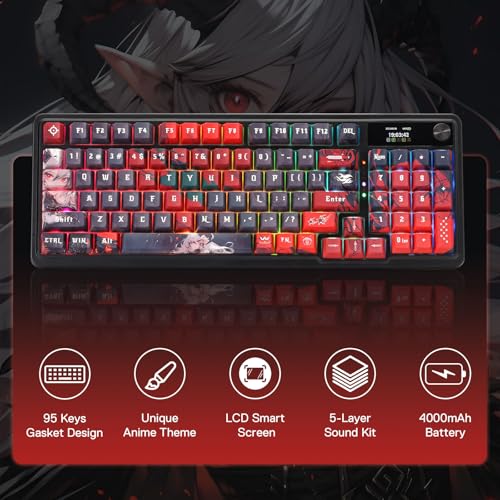 Redragon K719 PRO Wireless Gasket Gaming Keyboard w/Hype Screen & Knob, 95 Keys Mechanical Keyboard, Easy-Control 1.14’’ TFT Info Display, 5-Layer Noise Dampening, Custom Linear Switch, Anime Edition - color: Ember Queen