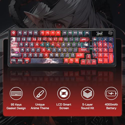 Redragon Anime Gaming Keyboard and Mouse Combo, K719 PRO 95-Key Wireless Gasket Mechanical Keyboard w/1.14'' TFT Screen & Knob + M612AK PRO 8000 DPI Mouse w/9 Programmable Buttons, 3-Mode Bundle - color: Epic Twin