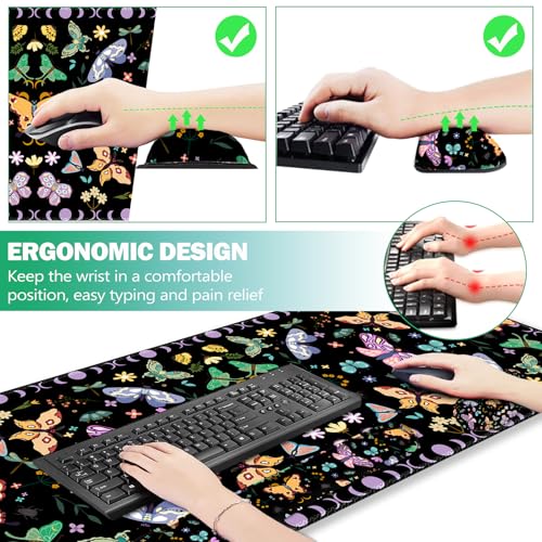 ARTSO Desk Mat Set, Black Butterfly Extended Gaming Mouse Pad with Wrist Rest Support +Keyboard Wrist Rest +Coaster, Large Cute Mousepad, Easy Typing and Pain Relief - color: Black Butterfly