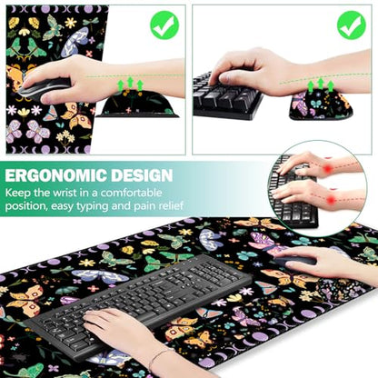 ARTSO Desk Mat Set, Black Butterfly Extended Gaming Mouse Pad with Wrist Rest Support +Keyboard Wrist Rest +Coaster, Large Cute Mousepad, Easy Typing and Pain Relief - color: Black Butterfly
