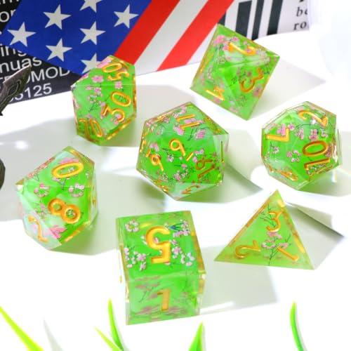 XENOLUX Polyhedral Resin Dice Set for DND, Spring Sakura Blossom Botanical RPG Dice for Dungeons and Dragons, Handcrafted Translucent Tabletop Board Games Accessories with Tin Box (L12) - color: L12