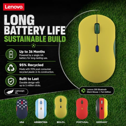 Lenovo 350 Bluetooth Silent Mouse (Fan Edition), Wireless Ergonomic Ambidextrous Design, Bluetooth 5.3, Adjustable DPI up to 2400, 36 Month Battery Life, Recycled Materials, Brazil Flag - color: Brazil Flag