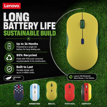 Lenovo 350 Bluetooth Silent Mouse (Fan Edition), Wireless Ergonomic Ambidextrous Design, Bluetooth 5.3, Adjustable DPI up to 2400, 36 Month Battery Life, Recycled Materials, Brazil Flag - color: Brazil Flag