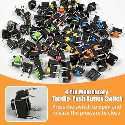 TWTADE 160PCS Momentary Tactile Touch Micro Push Button Switch tact 6x6x5mm Tactile Switch kit,Each Color 20PCS Red Blue Black Green White Yellow Brown - color: 8 Colors-4 Pin 6x6x5mm