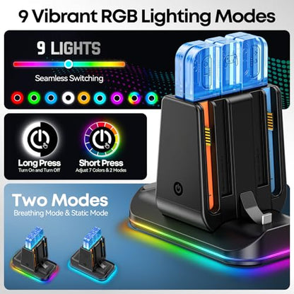Switch 2/1 Compatible Controller Charging Dock, 6-in-1 Charger Station for 4 Joy-Cons & 2 Pro Controllers, 9 RGB Modes Fast Charging Stand for Switch 2 Accessories, with LED Indicator - size: L-Black-Switch 2/1 & Pro