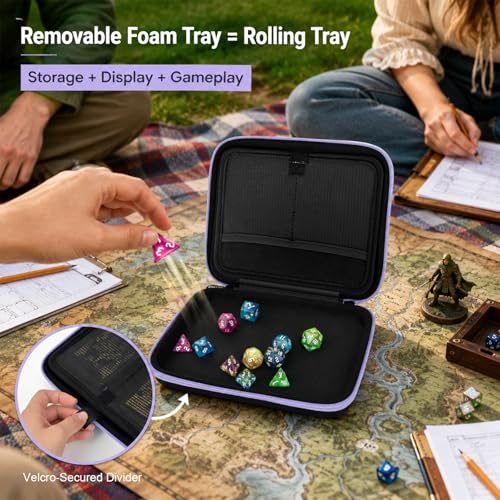 Hard DND Dice Case for 5 Polyhedral Dice Sets, Case Only | Hard shell dice case, holds 5 polyhedral sets, with removable divider and dual mesh pockets for DND/RPG game nights - color: Purple