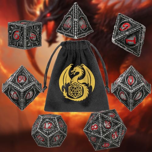 Metal Dice Set, Dragon Eye Theme, 7pcs Polyhedral Metal DND Dice Set, DND Starter Set, D&D Gifts with Gift Bag, Role Playing Board Games Accessories, Red Black Silver - color: Red Black Silver With Gift Bag