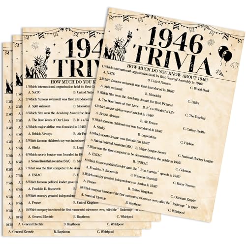 30Pcs 80th Birthday Party Games 1946 Trivia Game Fun Back in 1946 Games Double-Sided Game Cards Vintage 80th Birthday Party Supplies for 80 Year Old Woman Man Anniversary Class Reunion Gifts - size: 80-1946, style: Trivia
