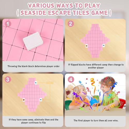 65 Tiles 30mm Seaside Escape Game Block Matching Game for Kids, Vita Mahjong Game Set in ABS Plastic Material Set with 4 DIY Stickers (Pink) - color: Pink