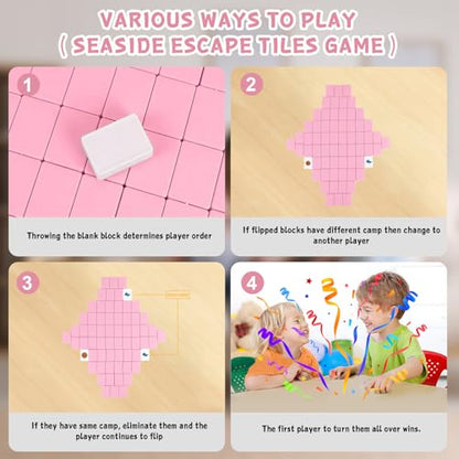 65 Tiles 30mm Seaside Escape Game Block Matching Game for Kids, Vita Mahjong Game Set in ABS Plastic Material Set with 4 DIY Stickers (Pink) - color: Pink