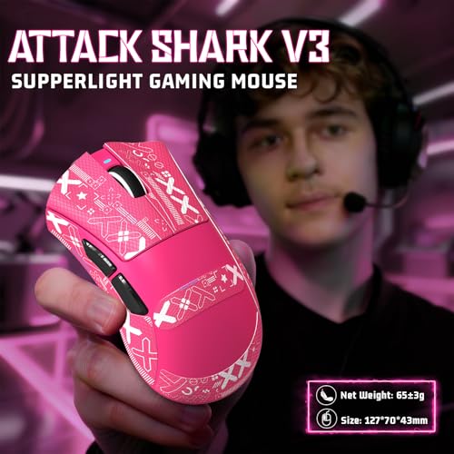 ATTACK SHARK V3 Ultra-Light Wireless Gaming Mouse,PAW3311 Sensor, 500mAh, 62g, 25KDPI 2.4G/BT/USB-C Rechargeable Wireless Mouse with 5 Programmable Buttons for Laptop,PC,Mac Gamer (Berry Red Griptape) - color: Berry Red Griptape