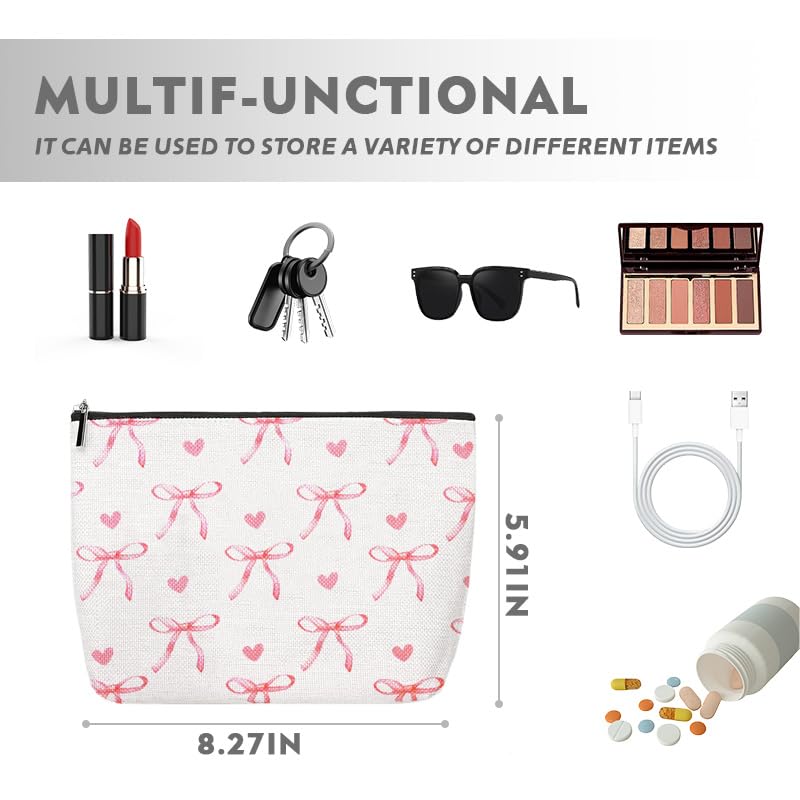 Coquette Preppy Aesthetic Makeup Bag Pink Bow Heart Travel Cosmetic Bag for Women Girl Coquette Pencil Pouch Cute Travel Skincare Bags Organizer Trendy Preppy Stuff Christmas Birthday Gifts - color: Bow Heart