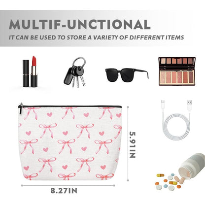 Coquette Preppy Aesthetic Makeup Bag Pink Bow Heart Travel Cosmetic Bag for Women Girl Coquette Pencil Pouch Cute Travel Skincare Bags Organizer Trendy Preppy Stuff Christmas Birthday Gifts - color: Bow Heart