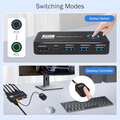 USB 3.0 8K@60Hz KVM Switch 1 Monitor 2 Computers - 4K@120Hz HDMI 2.1 KVM Switches with 3 Ports for Sharing Monitor Keyboard Mouse Hard Drives and Printer Includes 2 HDMI & USB Cables and Controller