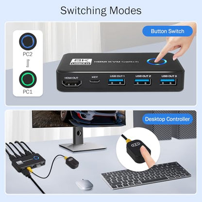 USB 3.0 8K@60Hz KVM Switch 1 Monitor 2 Computers - 4K@120Hz HDMI 2.1 KVM Switches with 3 Ports for Sharing Monitor Keyboard Mouse Hard Drives and Printer Includes 2 HDMI & USB Cables and Controller