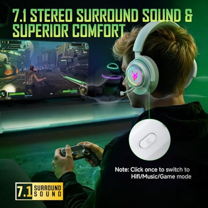 Wireless Gaming Headset with RGB Lights & 3 Audio Modes for PS5 PS4 PC | 100H Battery, 2.4GHz USB/Type-C & Bluetooth 5.4, 7.1 Surround Sound, Noise Cancelling Mic for Switch Mac