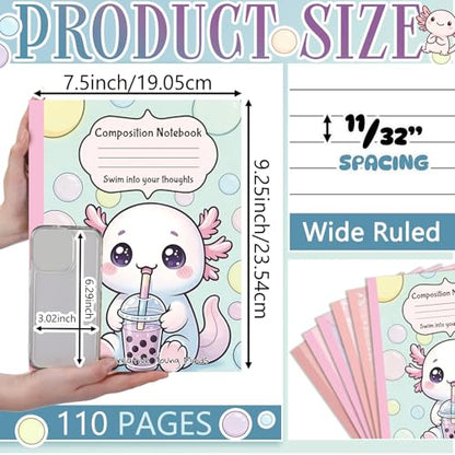 Glenmal 6 Pcs Composition Notebook Wide Ruled Paper Cute Axolotl Assorted Composition Notebook 110 Page 7-1/2"x9-1/4 Journal Gift for Back to School First Day of School Student Teacher Axolotl Lover - style: Axolotl