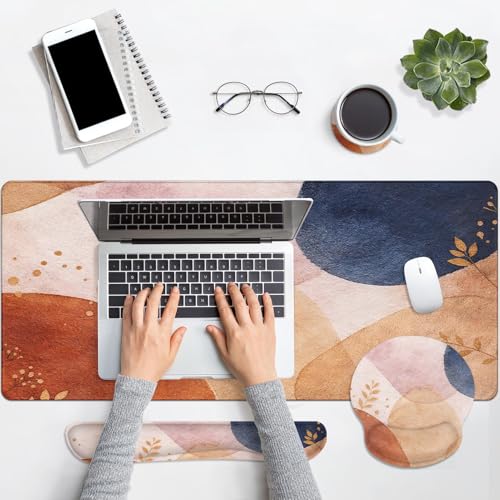 Britimes Abstract Boho Keyboard Mouse Pad Set 4in1 Large Mousepad+Keyboard Wrist Rest+Mouse Wrist Rest+Coaster Set with Ergonomic Design for Home Office Computer 35.4x15.7 inches - color: Abstract Boho