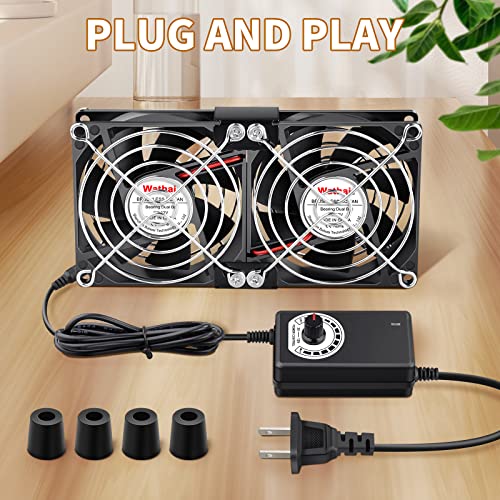 Wathai 80mm x 2 Computer Fan with AC Plug Variable Speed Controller | Dual Ball Big Airflow AC 110V 120V for PlayStation Router Laptop PC Receiver DVR Xbox Modem AV Cabinet Electronics Cooling