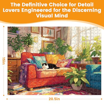 500 Piece Puzzles for Adults, Cozy Sunlit Room Jigsaw Puzzles with Lush Greenery, Relaxing 500 piece Puzzle, Perfect for Family Time, Home Wall Decor, Great Gift for Adults, Seniors,16+, 20.5 x 15 in - style: Cat’s Lazy Day
