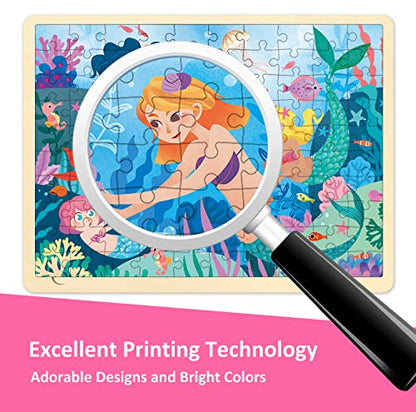 100 Piece Puzzles for Kids Ages 4-8, Wooden Puzzles for Kids Ages 3-5 with Unique Puzzle Pieces, Jigsaw Toddler Puzzle with Storage Tray Fun Mermaid - style: 100 Piece