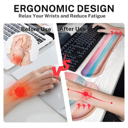 Arttown Pink Blue Sky Desk Mat Turquoise Ocean Mouse Pad Set 4 in 1 Dusk Beach Ergonomic Design Large Desk Pad + Keyboard Wrist Rest + Mouse Wrist Rest + Coaster Suitable for Home Office Study Game - color: Pink Blue Sky