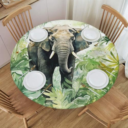 Famame Elephant Palm Leaves Jungle Round Fitted Tablecloth with Elastic Protector Table Kitchen Dinner Waterproof Oil-Proof Table Covers Fits 40"-44", Small - color: Elephant Palm Leaves Jungle, size: Small (40"-44")
