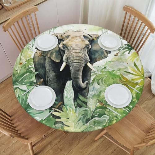 Famame Elephant Palm Leaves Jungle Round Fitted Tablecloth with Elastic Protector Table Kitchen Dinner Waterproof Oil-Proof Table Covers Fits 40"-44", Small - color: Elephant Palm Leaves Jungle, size: Small (40"-44")
