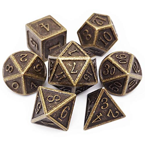 Haxtec Metal DND Dice Set, 7 Pcs Antique Polyhedral Dice for Table Games | Bronze D&D Dice with Leather Bag, Compatible with Dungeons and Dragons, Ancient Heavy Metallic, TTRPG Gifts for DND Lovers - color: Bronze